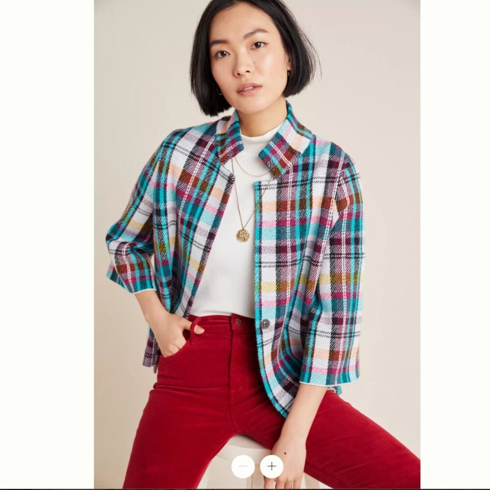 ANTHROPOLOGIE Rosetta Cropped Plaid Knit Jacket | Size Large